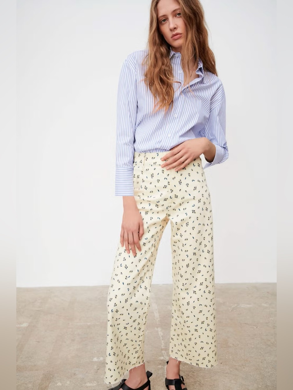 Zara “Marine Straight High-Rise Cream Floral Wide-Leg Jeans